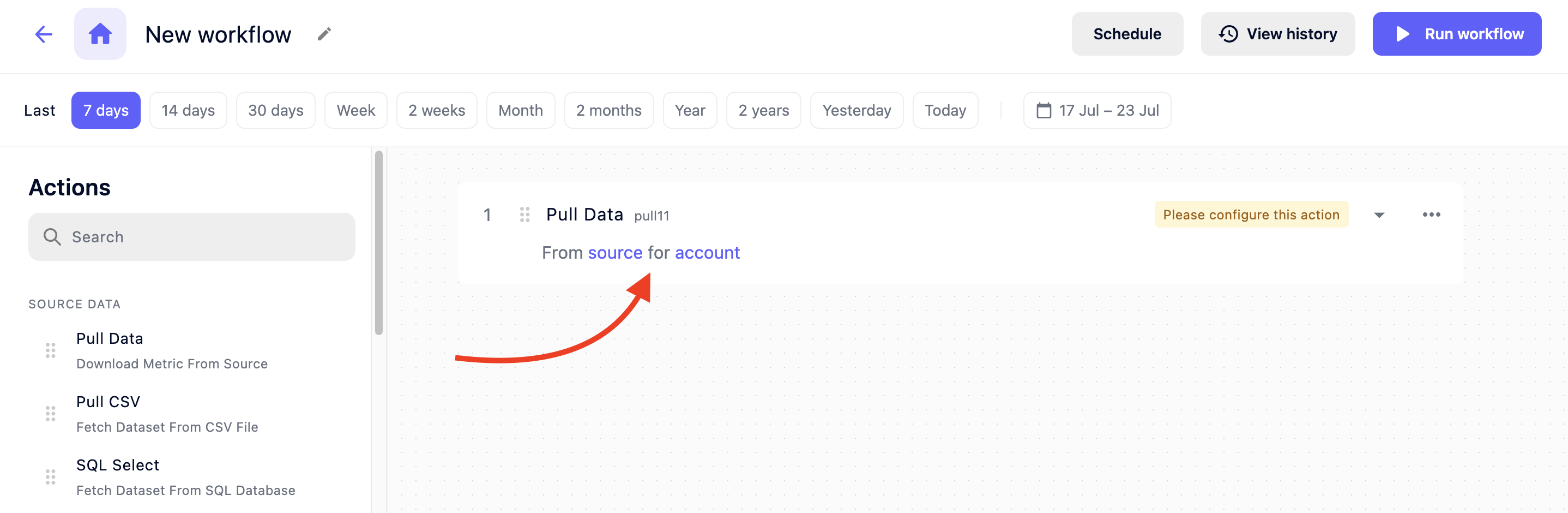 Selecting source and account to complete a workflow in Semrush’s AI Automated Data Connector.