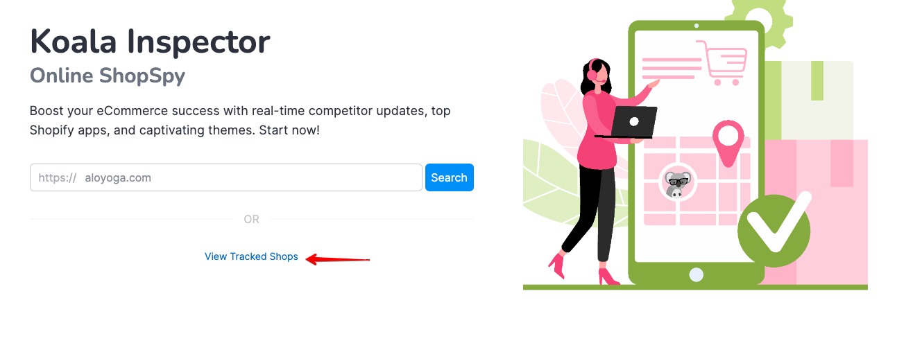 The &lsquo;View Tracked Shops&rsquo; link is underneath the search bar on the app's home page.