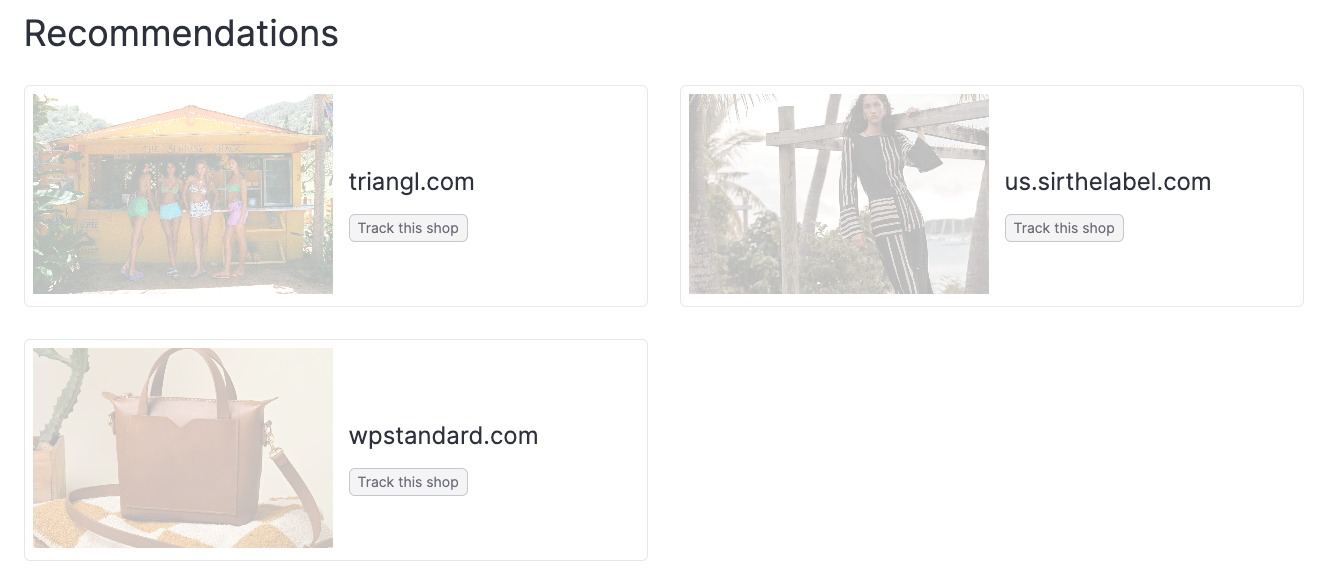 &nbsp;The Recommendations section has faded shop tiles. Each tile has a 'track this shop' button.