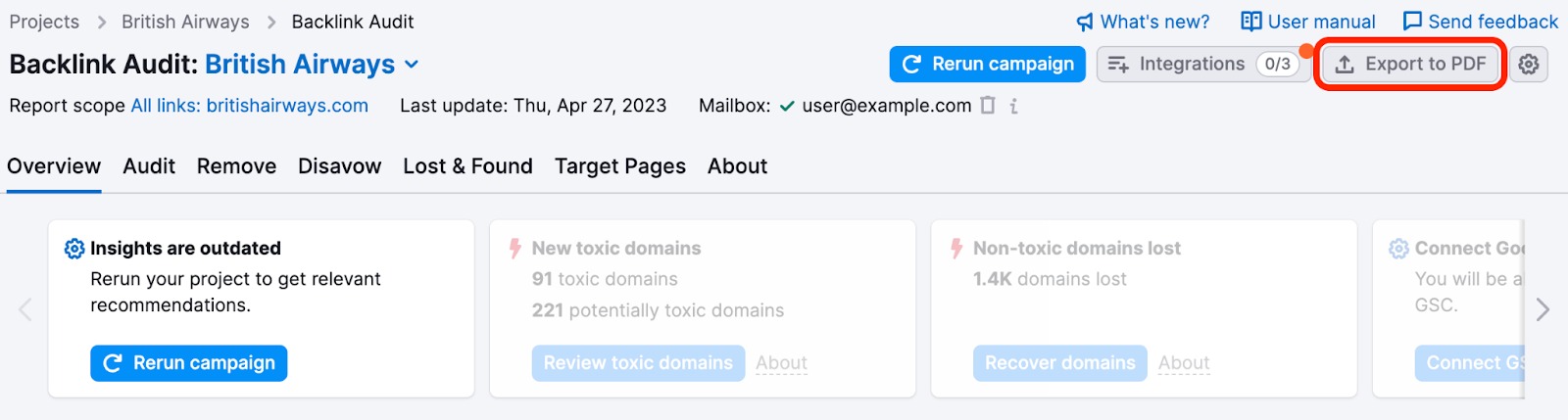 The 'Export to PDF' button is highlighted in the top right corner.