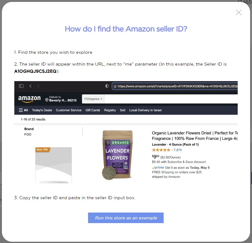How to find an Amazon seller ID for the &lsquo;Store Analysis&rsquo; feature of Product Research Pulse.
