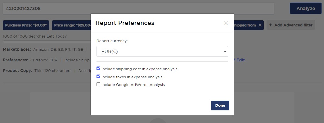 Choosing report preferences in the &lsquo;Single Product Analysis&rsquo; feature of Product Research Pulse.