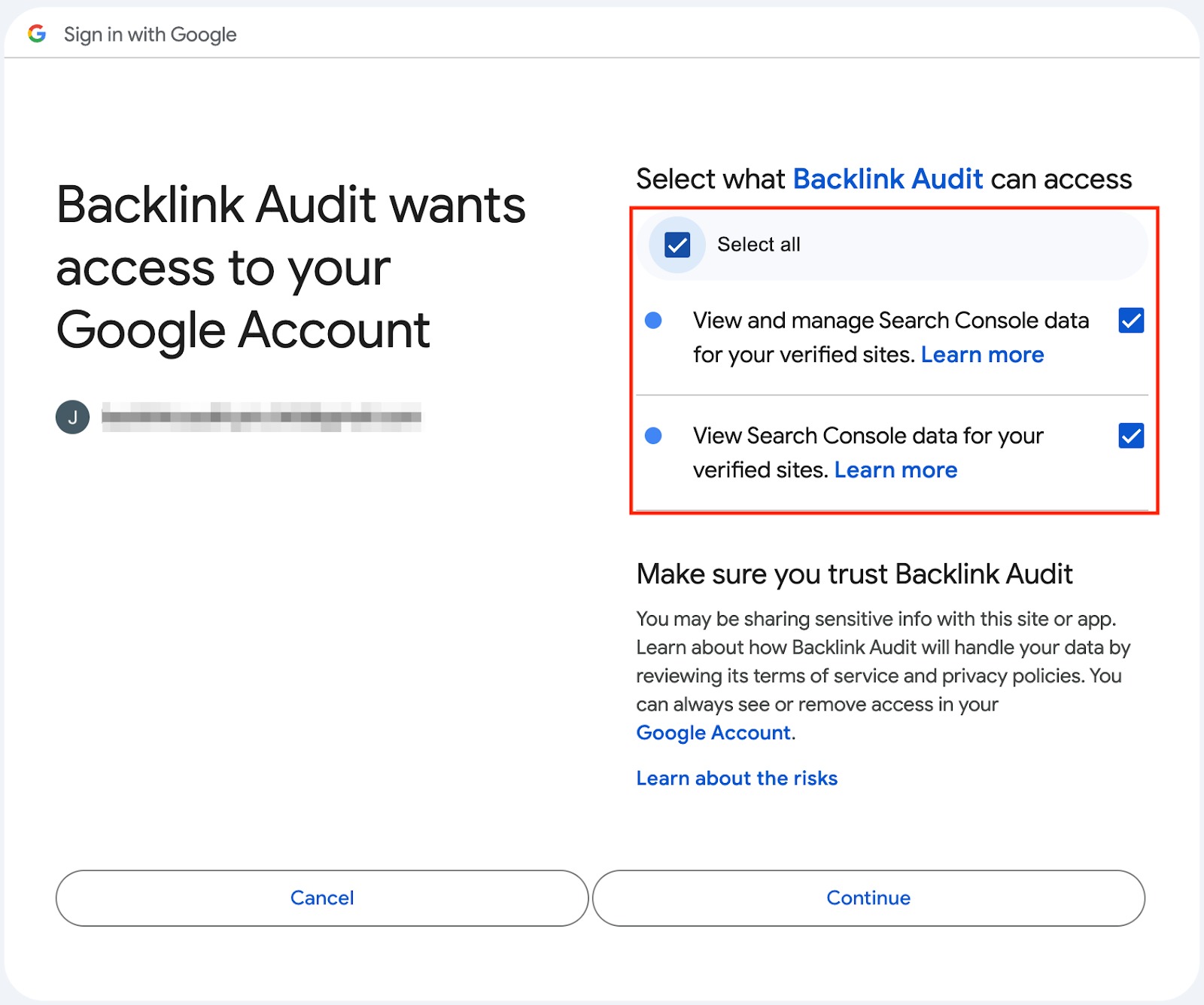 The 'Select all' filed is highlighted with a red rectangle in the pop-up window allowing the connection of Backlink Audit to a Google Account.