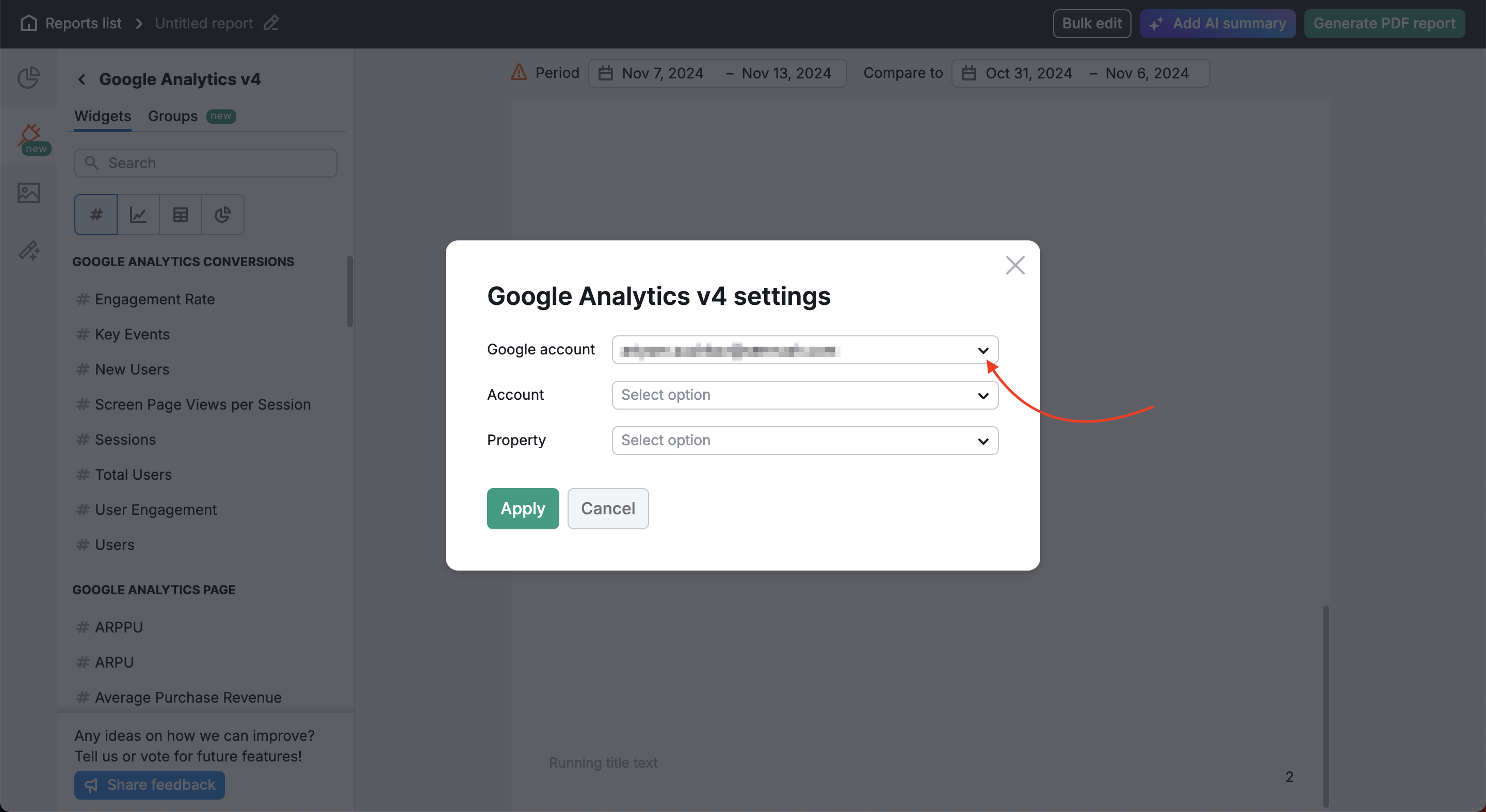 A red arrow highlighting the add account button in the Google Analytics widget in My Reports.