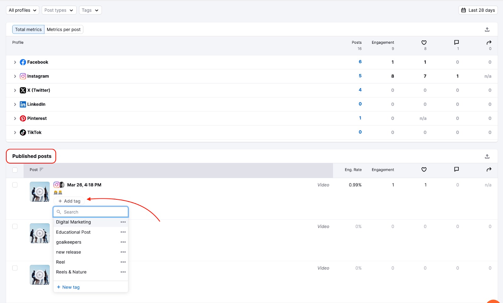 Social Content Insights showing the Published Posts section with an arrow pointing to the Add Tag dropdown menu.