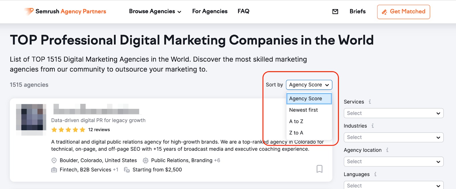 A list of digital agencies sorted by Agency Score, with the sorting options drop-down highlighted in a red rectangle at the top-right.