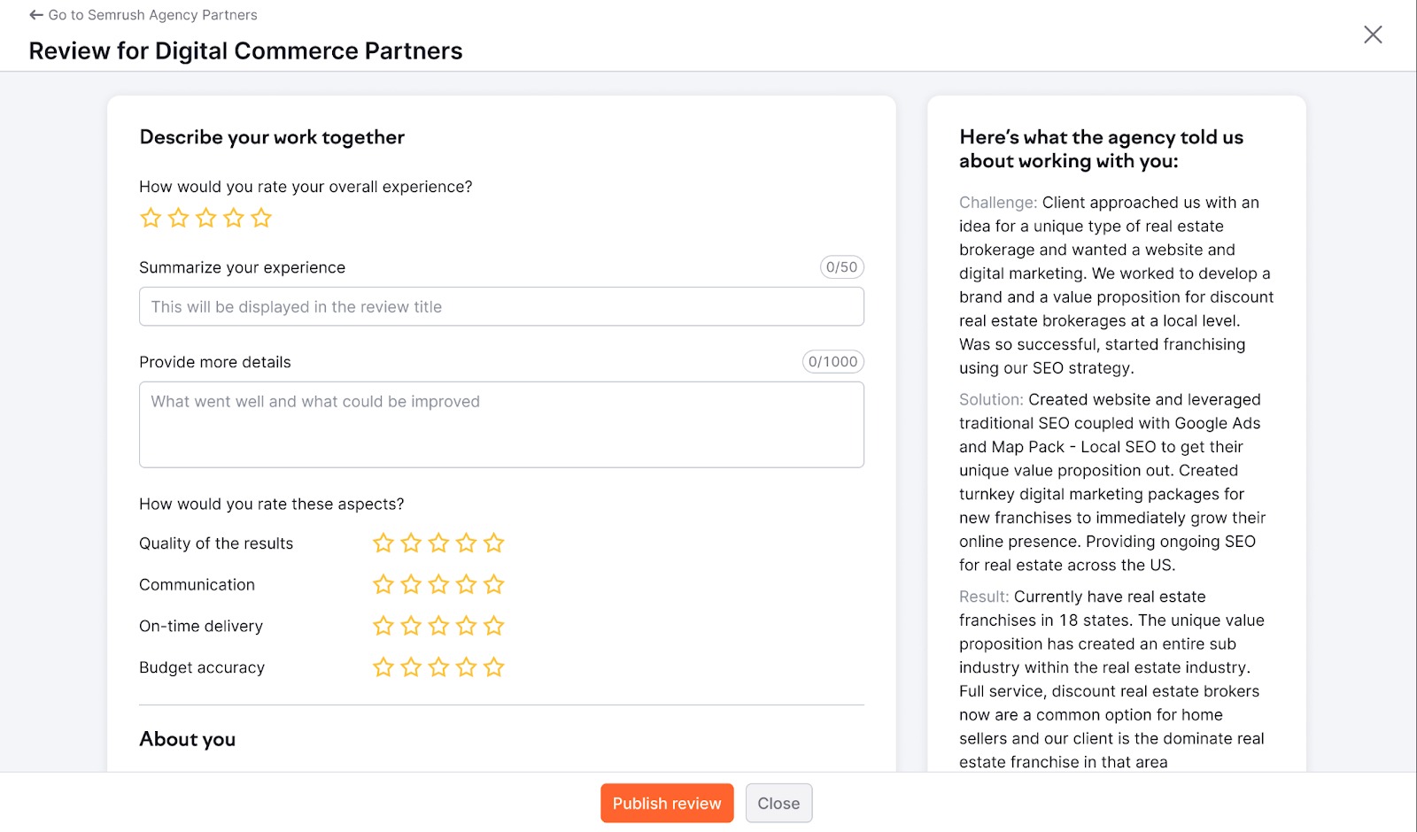 Example of a review request received by a client.