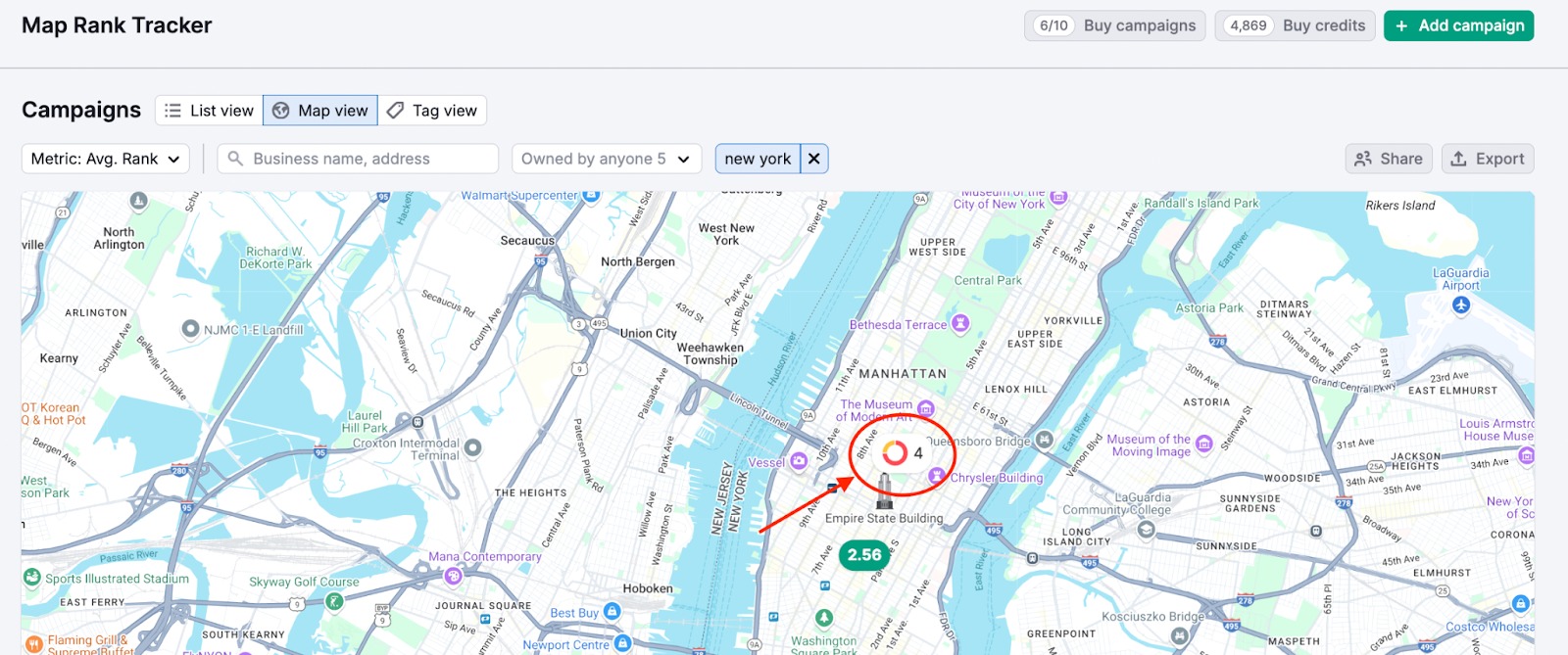Map Rank Tracker Map view for a cluster of campaigns tagged by geo area&nbsp;