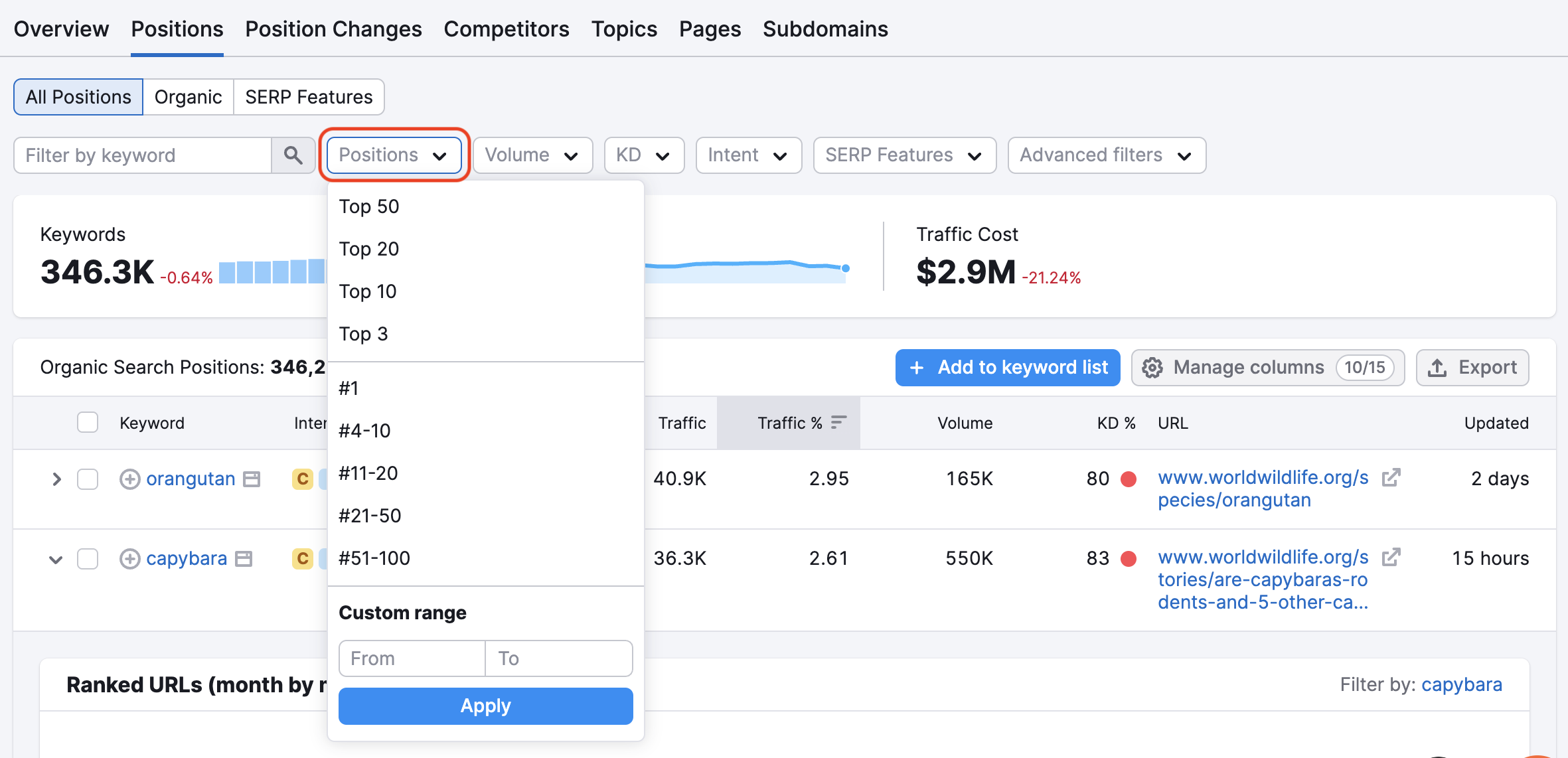 Interface displaying position filter options such as Top 3, Top 10, Top 20, and other filtering choices.