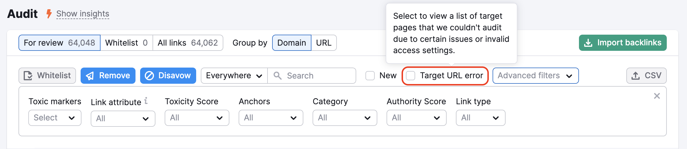 A list of backlinks for review in Backlink Audit. On top of the list, a Target URL Error checkbox is highlighted among other filters.
