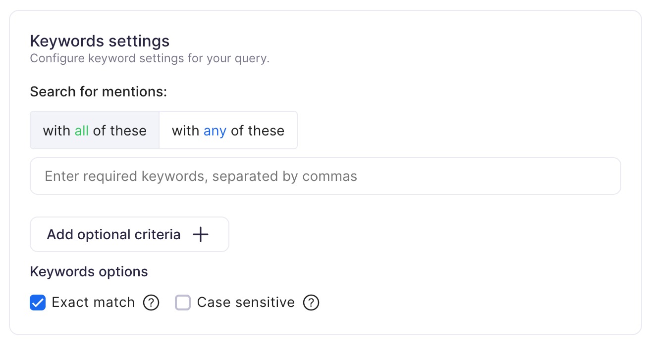 Keyword settings in Brand Monitoring that let you customize the logic used to search for mentions.