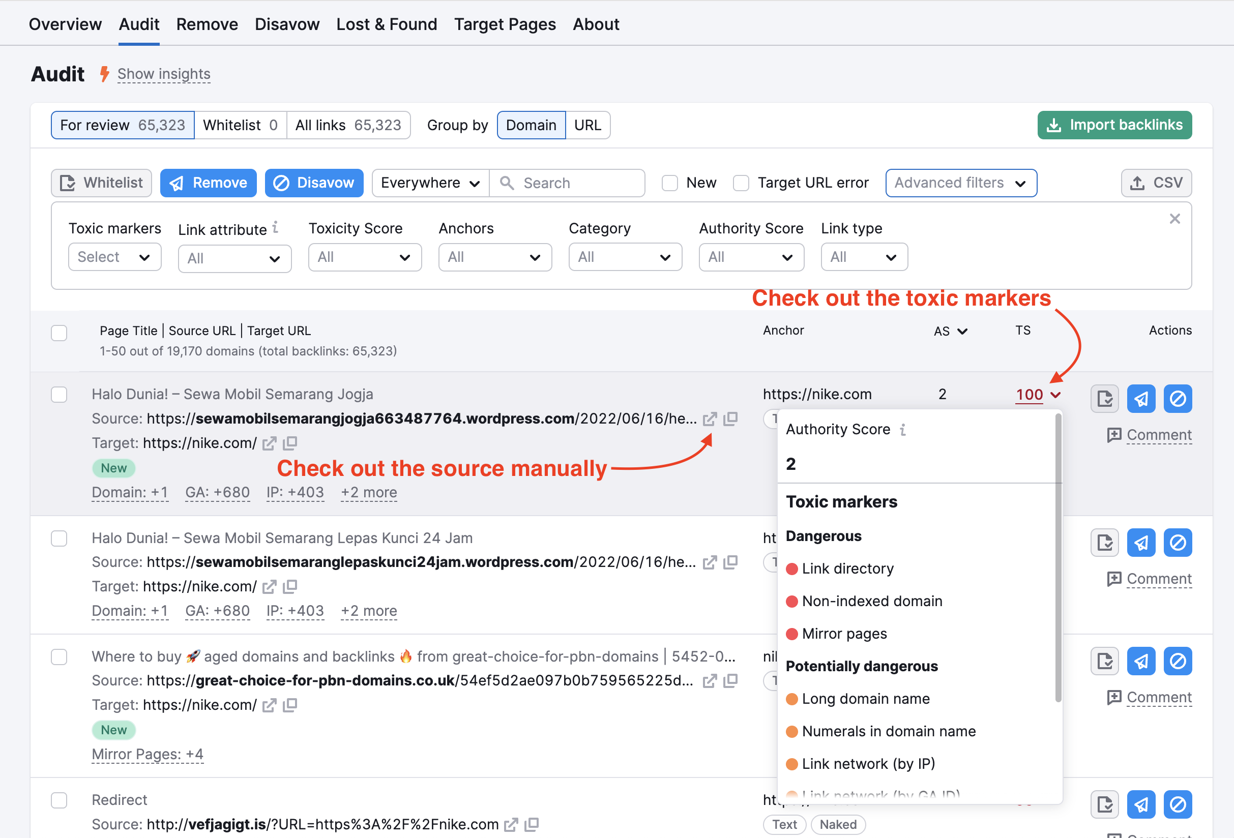 Backlink Audit tool with the Audit tab open. One red arrow points to a backlink's Toxicity Score, where hovering reveals a list of detected toxic markers. A second red arrow points to the source URL, suggesting manual review for additional insights.