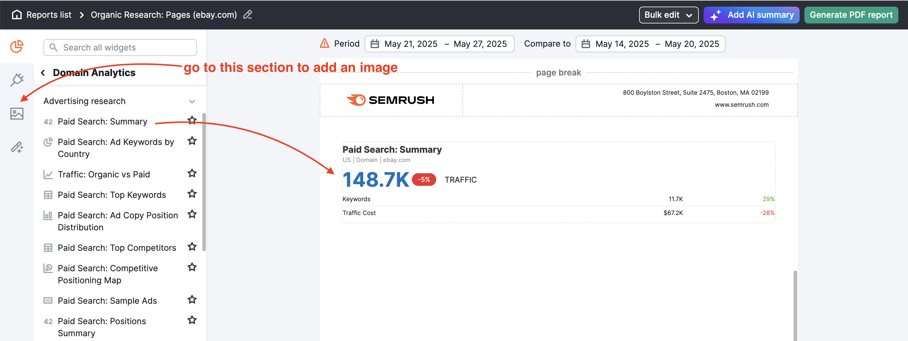 My Reports tool. Within the report builder, the first red arrow points to the paid search: summary widget within the report. The second red arrow points to the image widget in the left menu, this arrow is labelled: go to this section to add an image. 