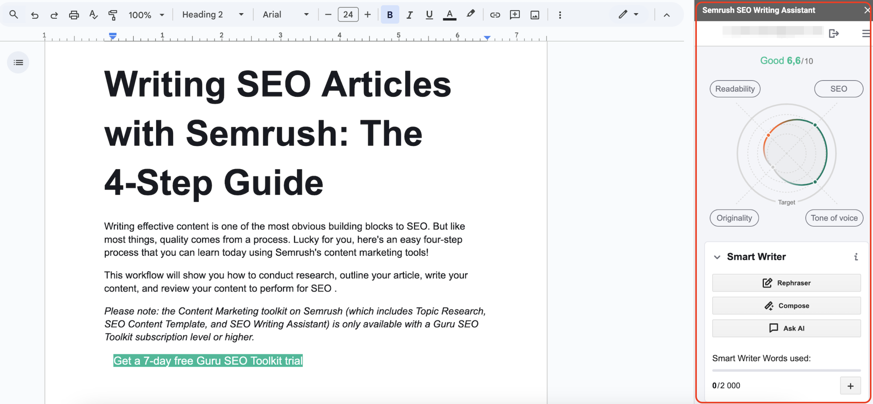 The SEO Writing Assistant tool with Google Docs. The tool showing the grading system - a score out of 10.  Below is the four categories: readability, originality, tone of voice and SEO. Below this is the Smart Writer Words section which shows the rephraser, compose, and ask AI buttons. 
