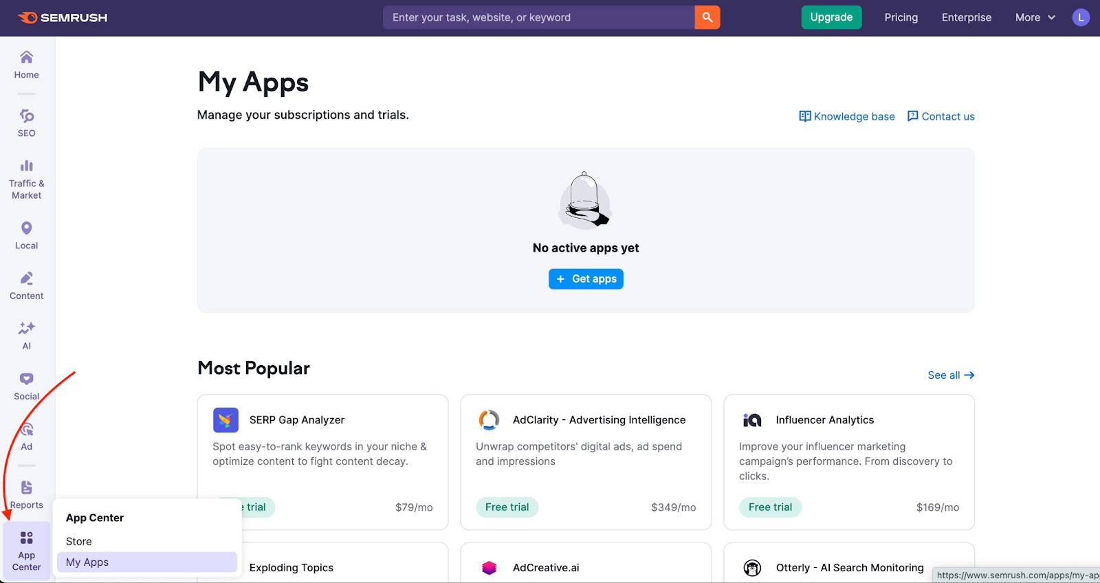 App Center is highlighted in the left-hand menu, with a hover revealing an additional menu where My Apps is also highlighted.