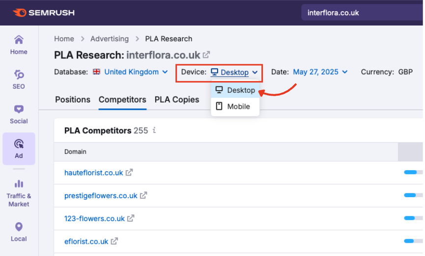 The device menu in PLA Research.