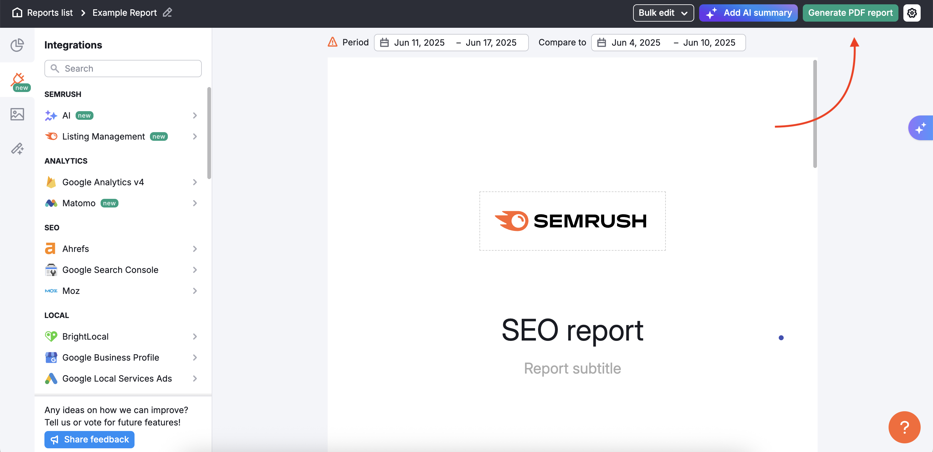 My Reports window after selecting one of the PDF reports. Red arrow points to the upper right corner where an option to generate a report is located.