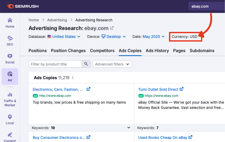 The currency indicator in Advertising Research set to USD.
