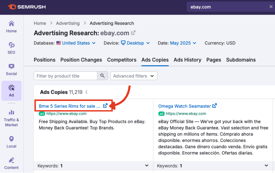 The clickable headline in an individual ad copy block.