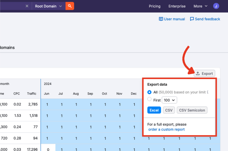 Export menu with CSV and Excel download options in the Ads History report.
