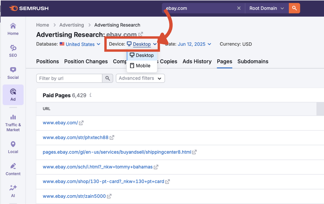Device filter with Desktop selected.