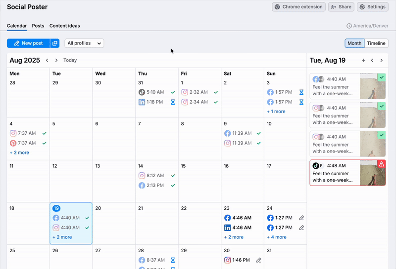 You can switch your Social Poster calendar view between month and timeline (weekly).