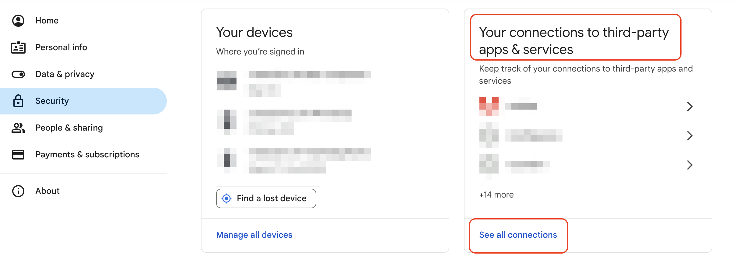 Your connections to third-party apps & services section highlighted.