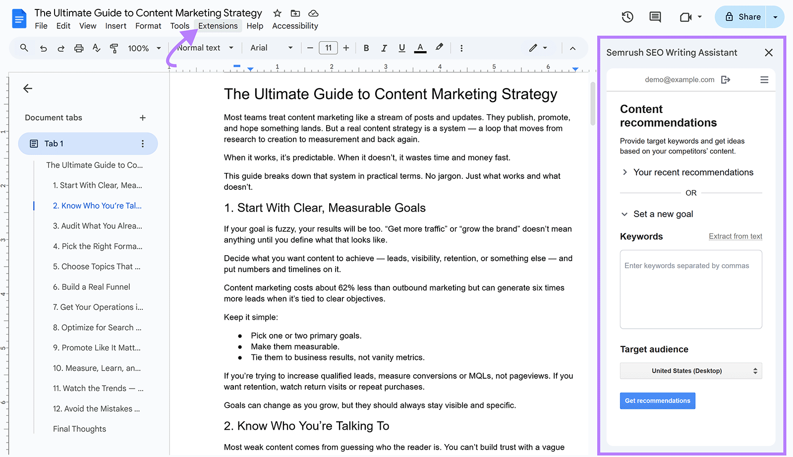 Google Docs UI with arrow pointing to Extensions menu option and Semrush SEO Writing Assistant sidebar on the right highlighted.