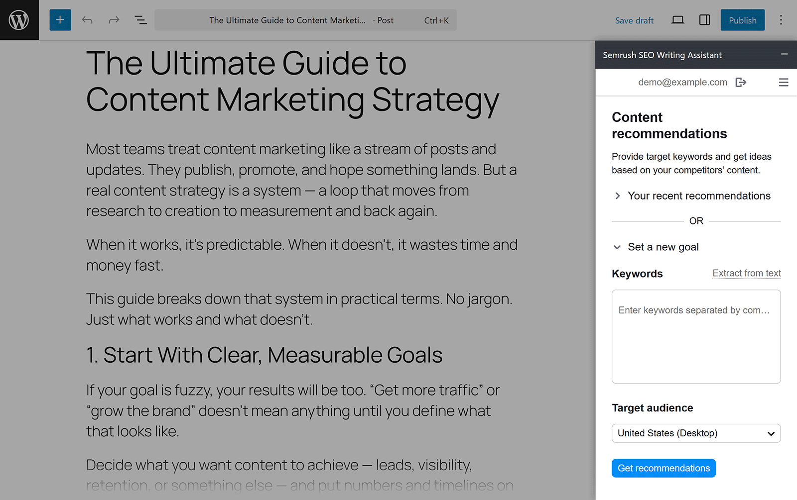 WordPress post editing screen with Semrush SEO Writing Assistant panel on the right.