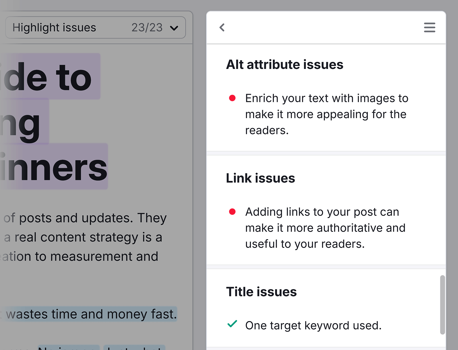 &ldquo;Alt attribute issues&rdquo;, &ldquo;Link Issues&rdquo;, and &ldquo;Title issues&rdquo; sections in the SWA sidebar