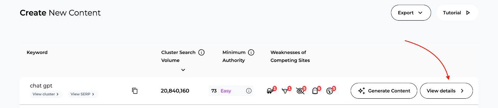 An example of how to view a keyword's details in the SERP Gap Analyzer.