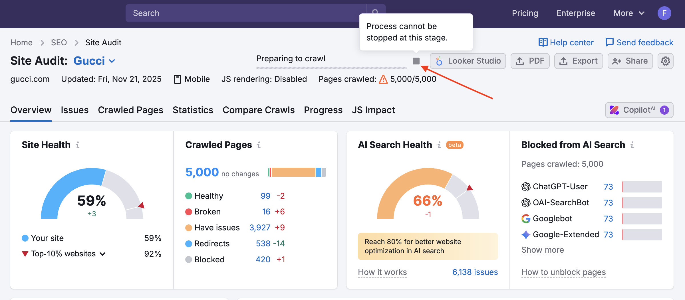 What the restriction on stopping the crawl process looks like.