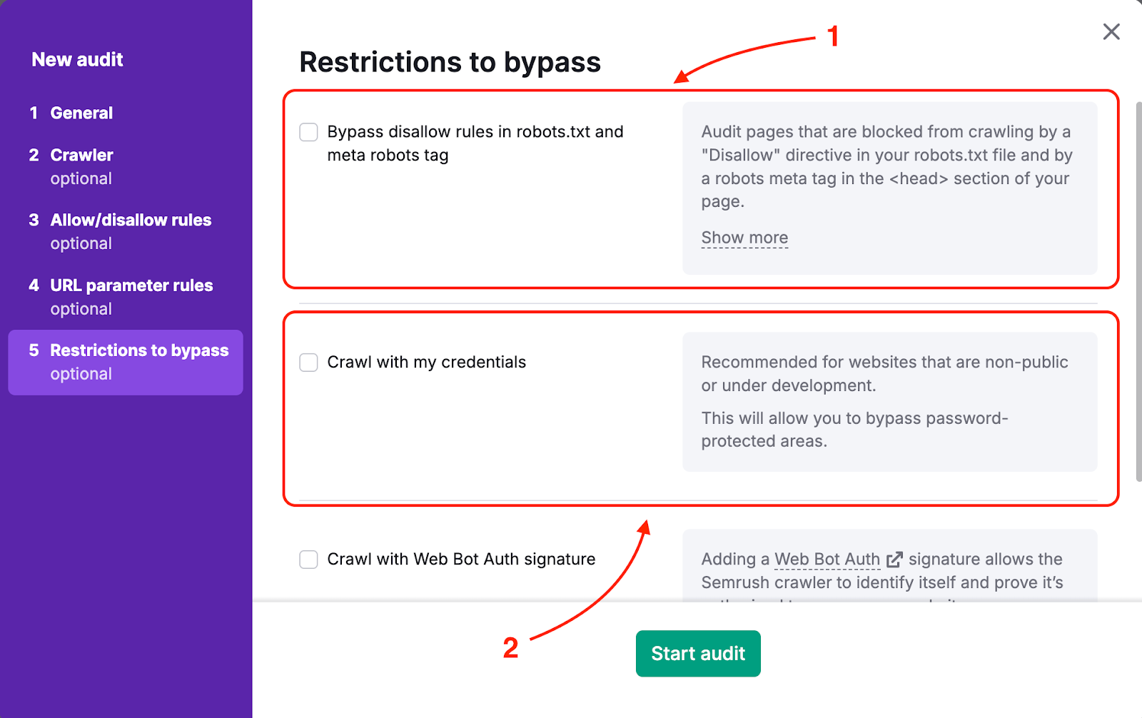 Restrictions to Bypass step in the Site Audit settings. A red arrow labeled 1 points to the option Bypass disallow rules in robots.txt and meta robots tag. A second arrow labeled 2 points to the Crawl with my credentials option, which reveals username and password input fields.
