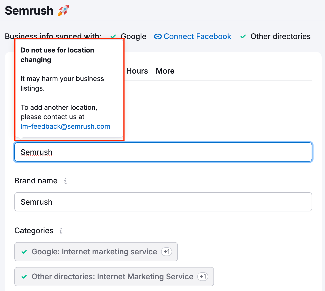 The notice that shows when trying to update your business name. 